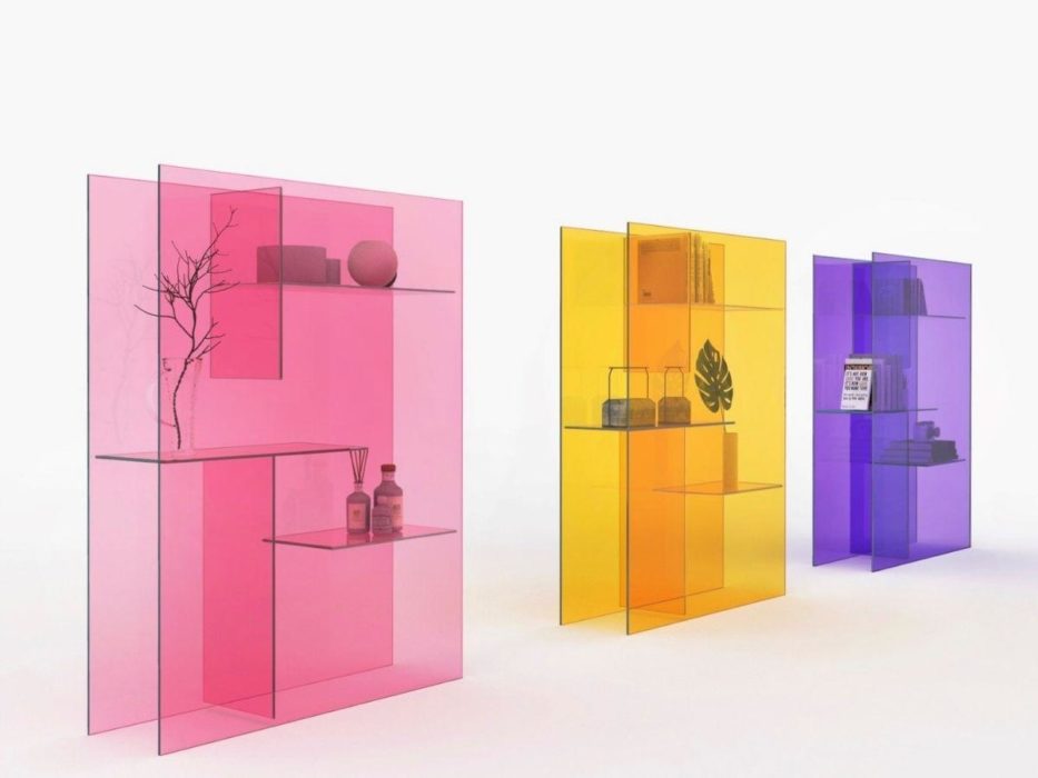 Glass display cabinet in pink, yellow, and purple colour